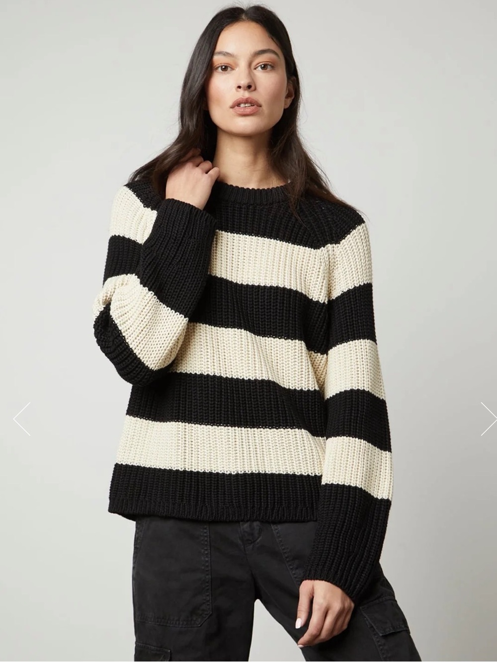 Velvet by Graham & Spencer 100% Cotton Black/Cream Striped Crewneck Sweater (S)